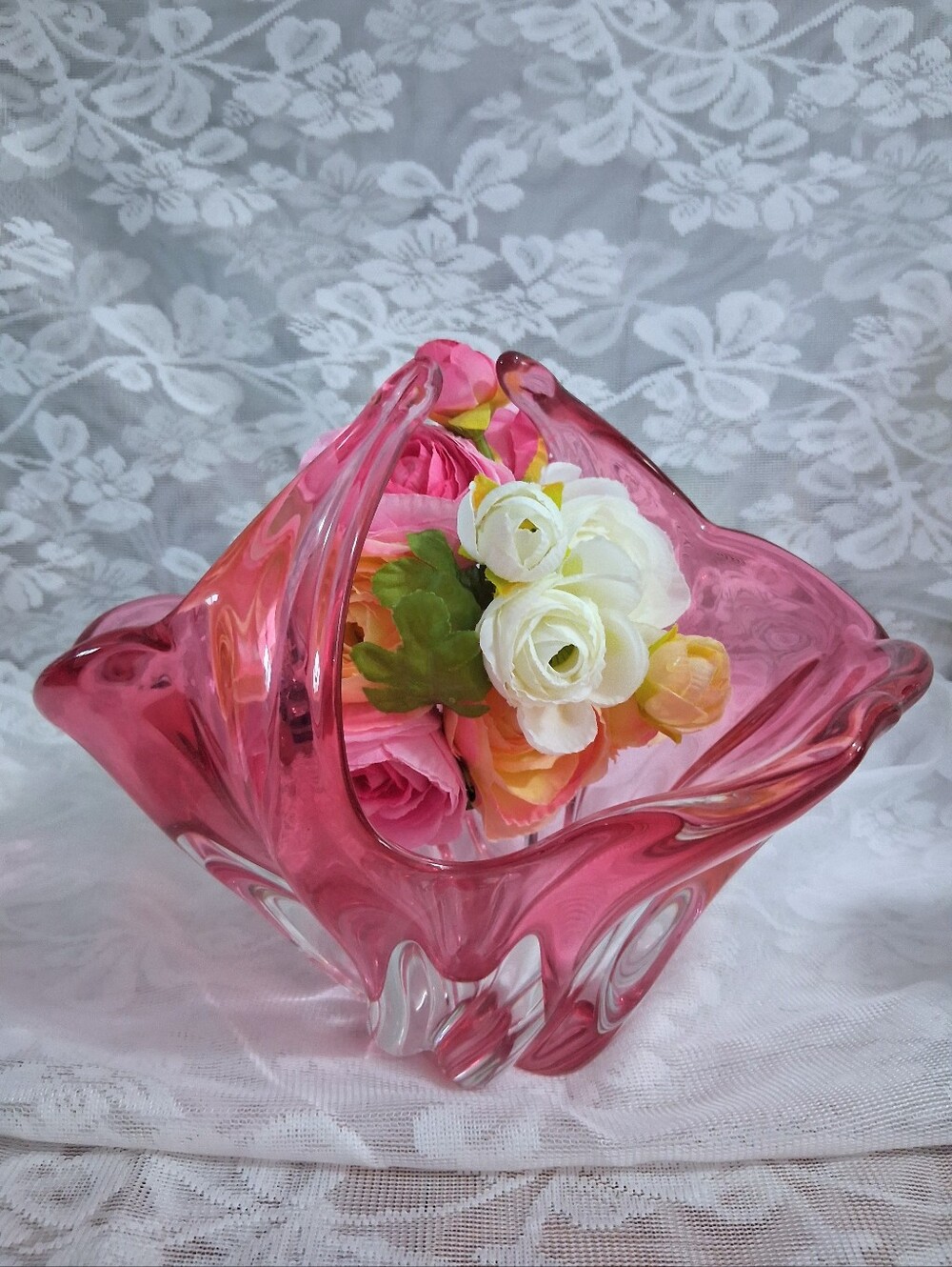 Vintage Bohemian Art Glass Basket Cranberry Clear Cased Glass Mid Century Czech - Picture 3 of 16